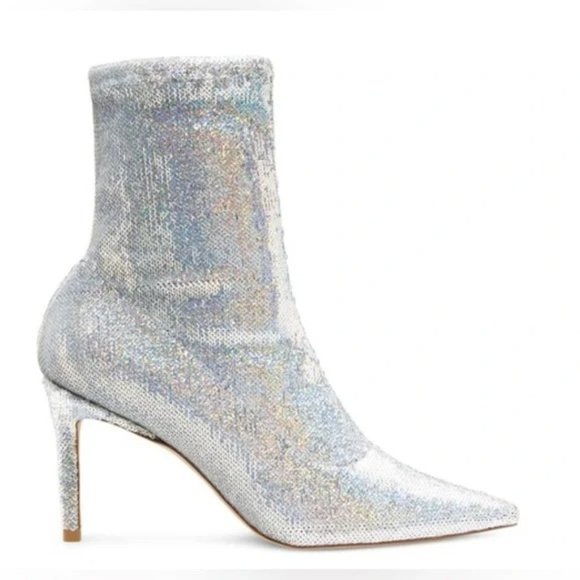 Stuart Weitzman Sequined Silver Sparkle Ankle Boots Booties Size 7 - Picture 1 of 8